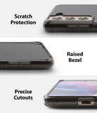 Galaxy S21 Plus Case | Air - Close-ups showing scratch protection, raised screen bezels, and precise port cutouts on a clear case.