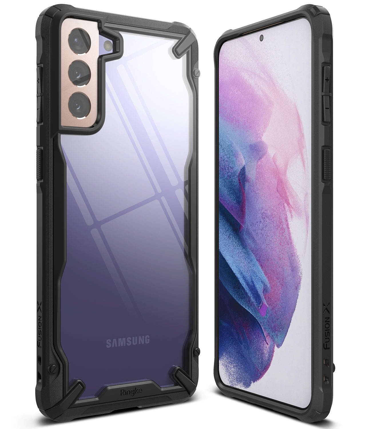 Galaxy S21 Plus Case | Fusion-X - Black rugged protective case on a Samsung Galaxy S21 Plus showing front and back views.