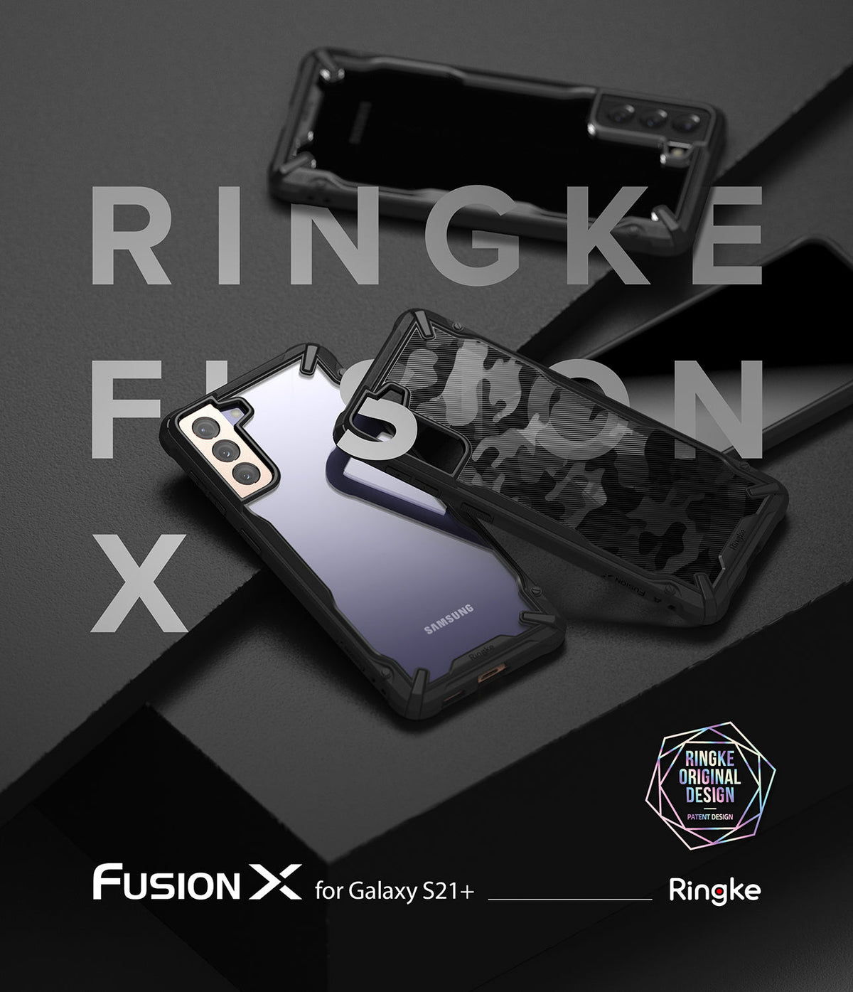 Galaxy S21 Plus Case | Fusion-X - Three Galaxy S21 Plus phones in black Fusion-X cases displayed against a dark, geometric background.