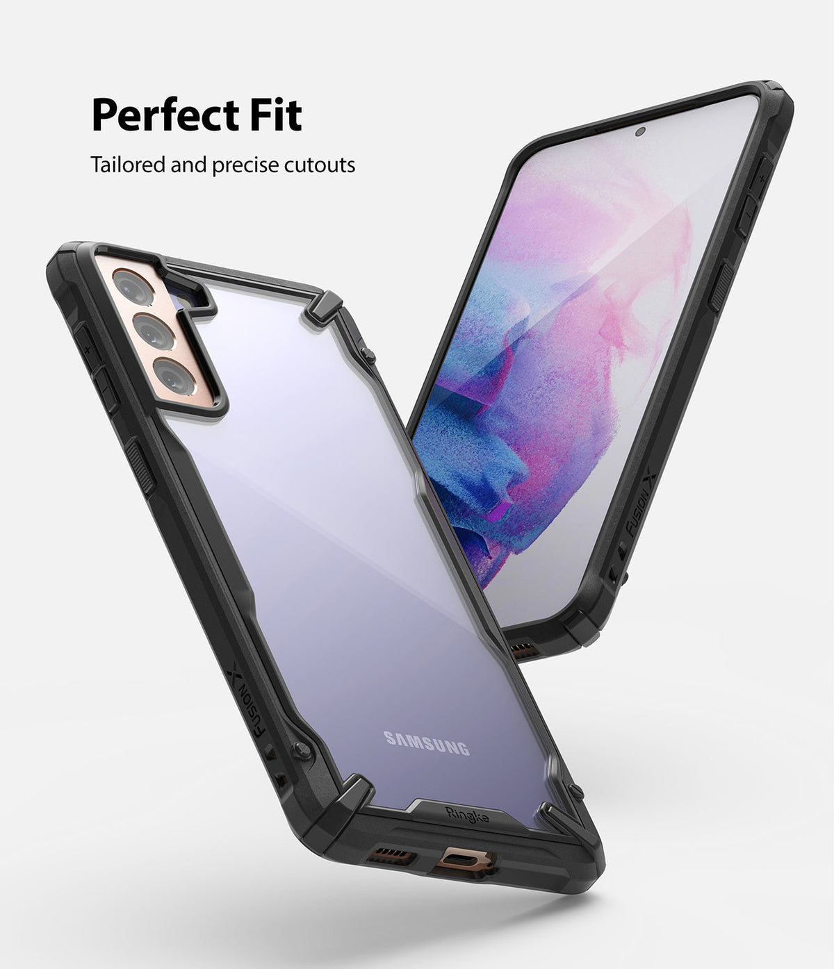 Galaxy S21 Plus Case | Fusion-X - Two views of a Galaxy S21 Plus in a black Fusion-X case with precise cutouts.