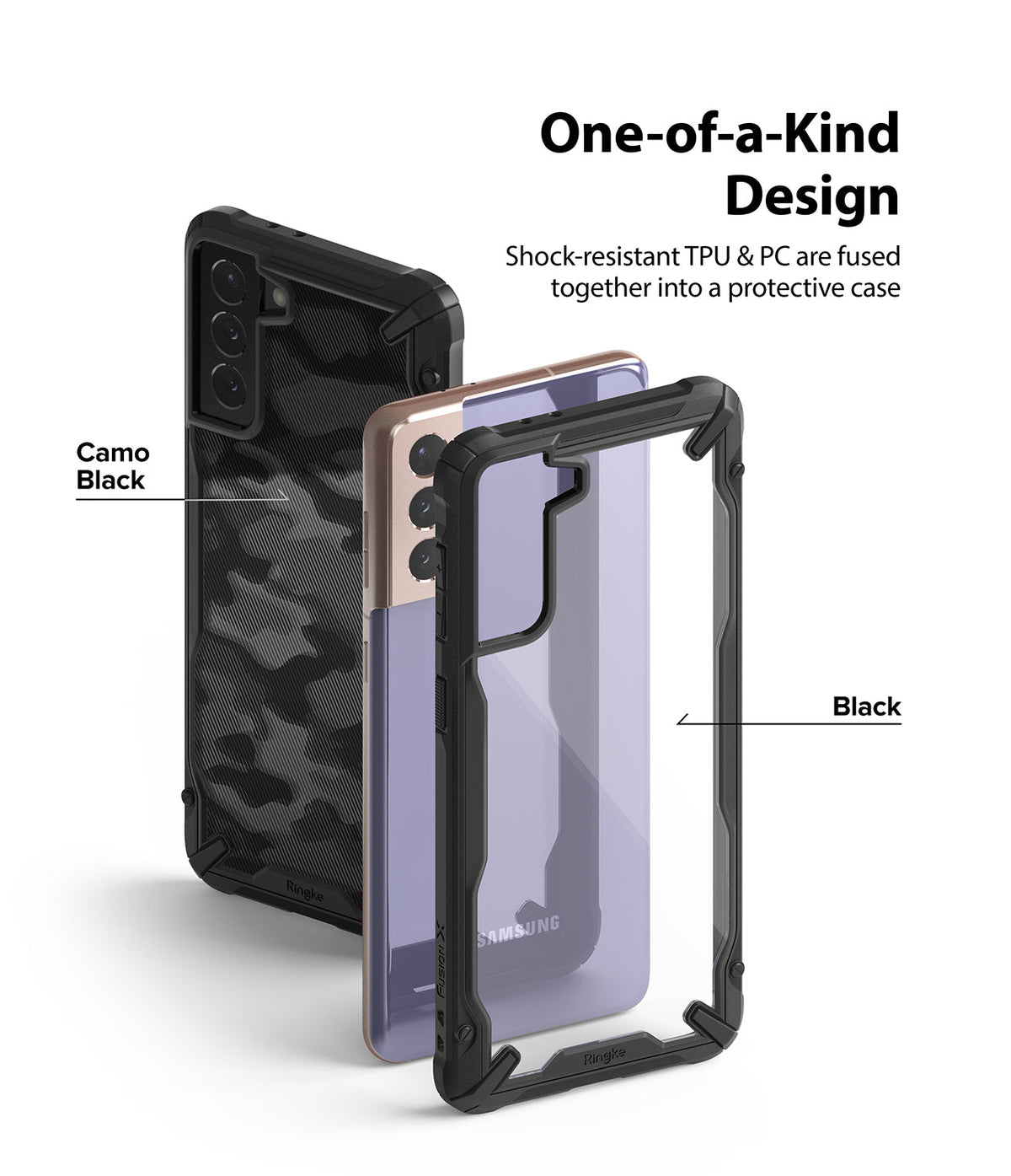 Galaxy S21 Plus Case | Fusion-X - Exploded view of a Galaxy S21 Plus phone with Camo Black and clear Black protective cases.