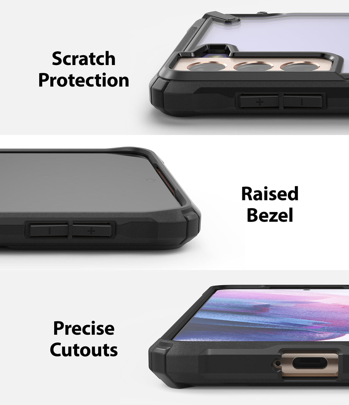 Galaxy S21 Plus Case | Fusion-X - Three panels showing scratch protection, raised bezels, and precise port cutouts.