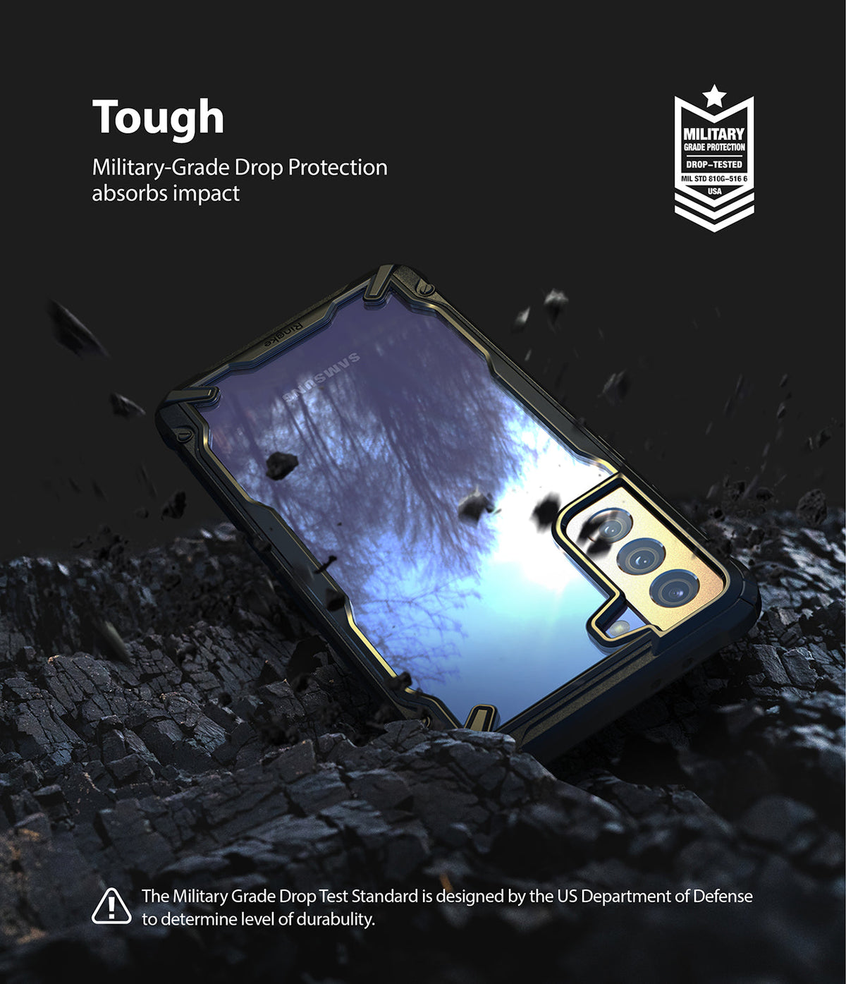 Galaxy S21 Plus Case | Fusion-X - Rugged phone case on charred ground with military-grade drop protection badge.