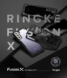 Galaxy S21 Plus Case | Fusion-X - Two Galaxy S21 Plus phones in black Fusion-X cases displayed on a dark geometric background.