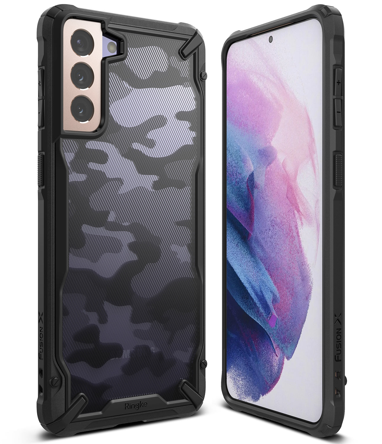 Galaxy S21 Plus Case | Fusion-X - Rugged black camo phone case shown from back and front angles on a white background.