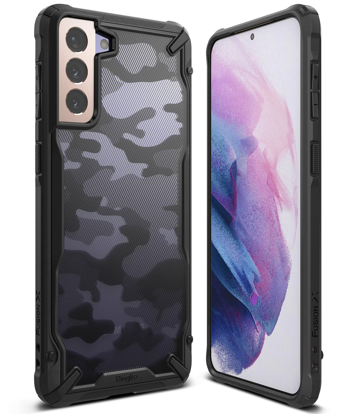 Galaxy S21 Plus Case | Fusion-X - Rugged black camo phone case shown from back and front angles on a white background.