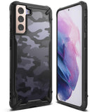 Galaxy S21 Plus Case | Fusion-X - Rugged black camo phone case shown from back and front angles on a white background.