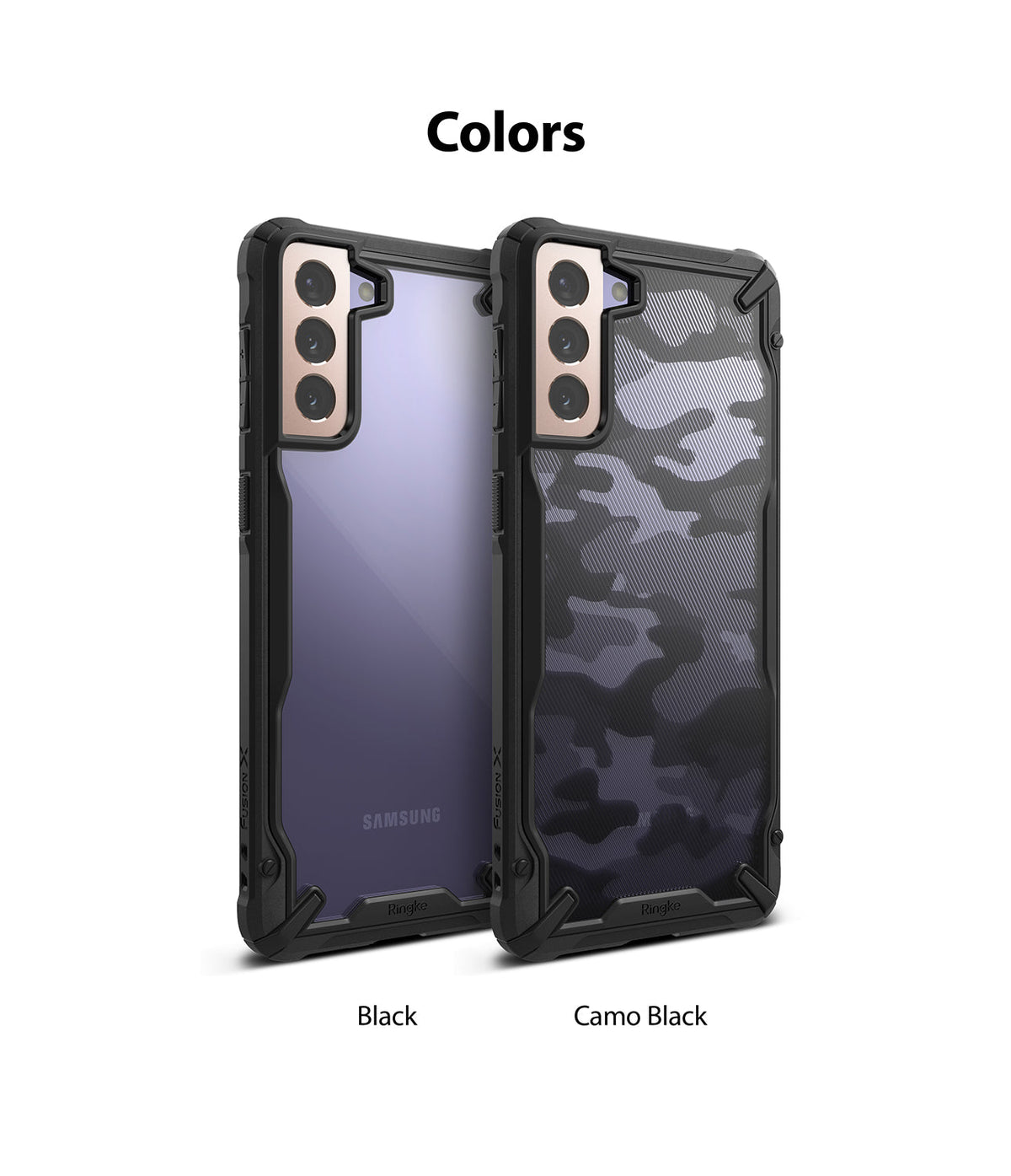Galaxy S21 Plus Case | Fusion-X - Two Galaxy S21 Plus phones in black and camo black Fusion-X cases side-by-side.