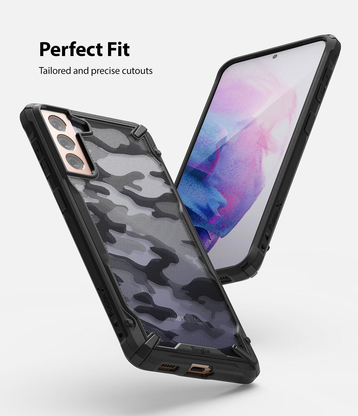 Galaxy S21 Plus Case | Fusion-X - Black camouflage phone case with precise cutouts shown from front and back angles.
