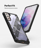Galaxy S21 Plus Case | Fusion-X Design - Black protective phone case with clear back and text graphic on a Galaxy S21 Plus.