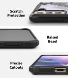 Galaxy S21 Plus Case | Fusion-X Design - Three close-up views showing scratch protection, raised bezels, and precise port cutouts.