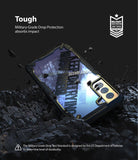Galaxy S21 Plus Case | Fusion-X Design - Rugged phone case on dark, rocky ground with military-grade drop protection text.