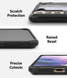 Galaxy S21 Plus Case | Fusion-X Design - Three close-up views highlighting scratch protection, raised bezels, and precise cutouts.
