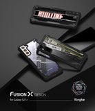 Galaxy S21 Plus Case | Fusion-X Design - Three rugged, transparent phone cases with graphic inserts on a dark surface.