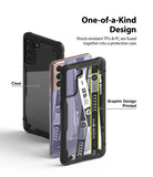 Galaxy S21 Plus Case | Fusion-X Design - Two Galaxy S21 Plus phones with clear and graphic-printed protective cases.