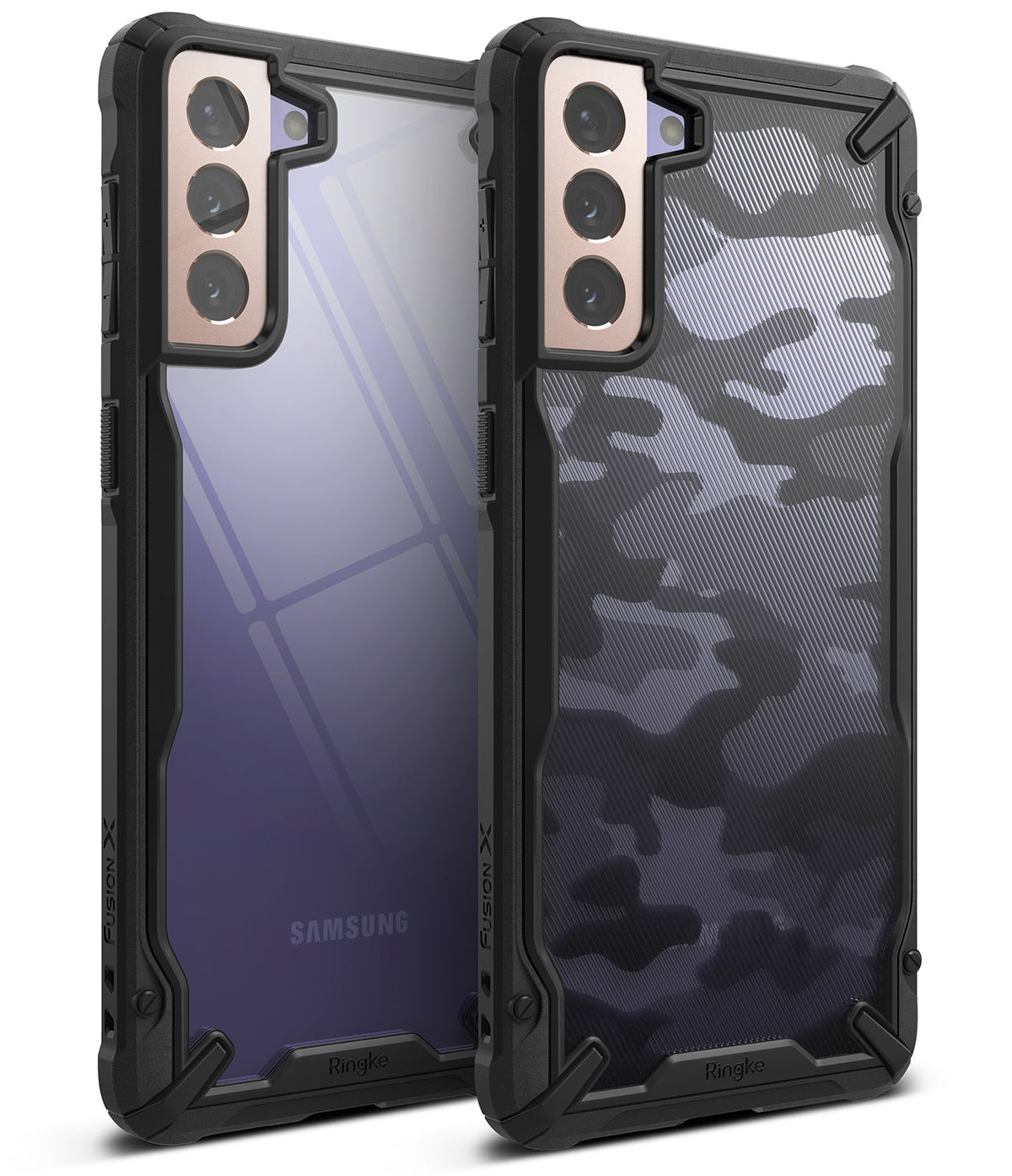 Galaxy S21 Plus Case | Fusion-X - Two rugged black phone cases, one clear and one with a black camo pattern, for Galaxy S21 Plus.