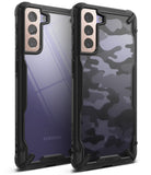 Galaxy S21 Plus Case | Fusion-X - Two rugged black phone cases, one clear and one with a black camo pattern, for Galaxy S21 Plus.