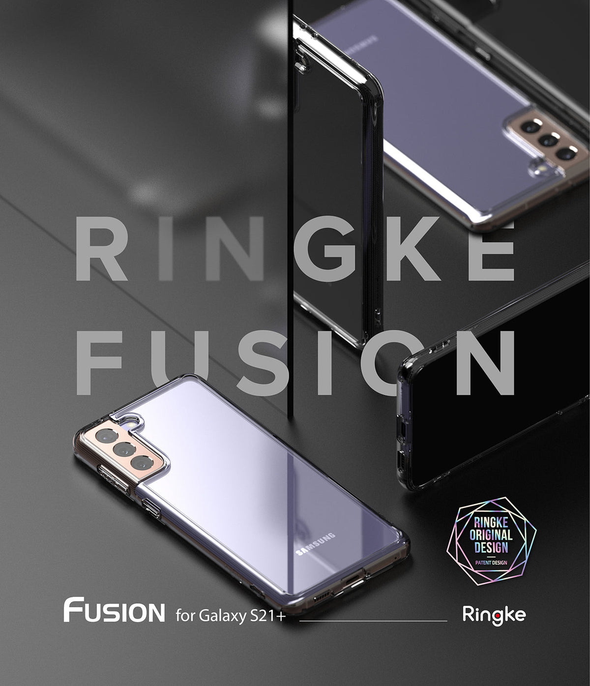 Galaxy S21 Plus Case | Fusion - Clear protective phone cases displayed on a dark surface with Ringke branding.