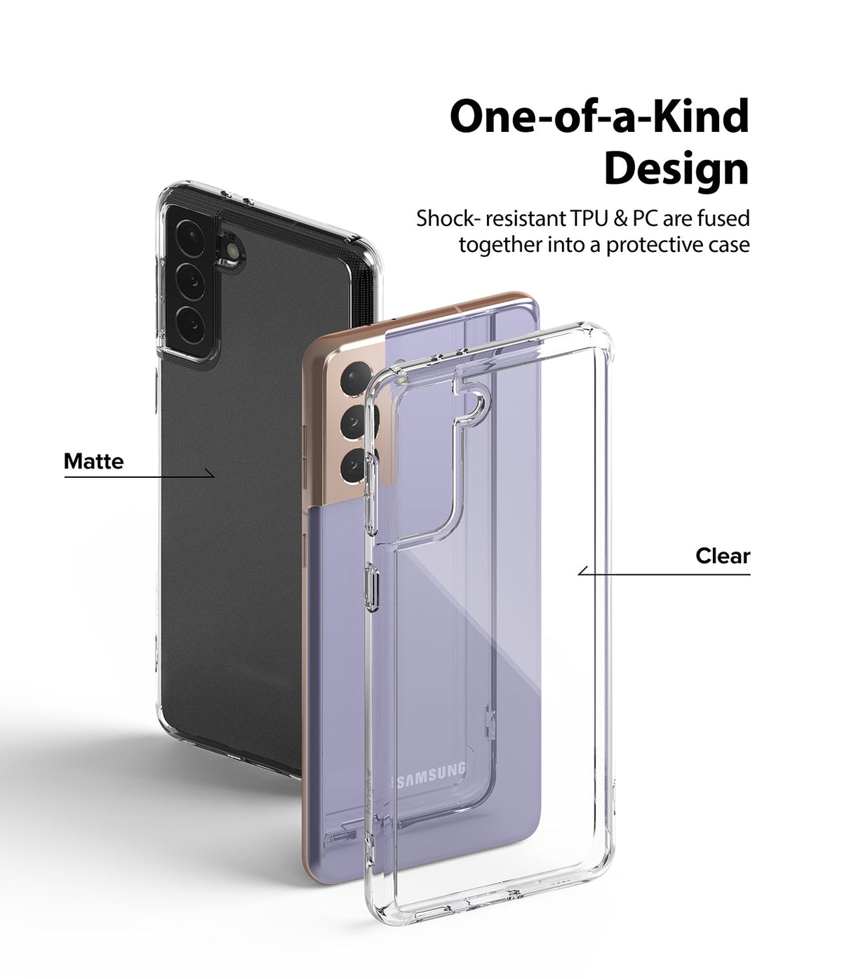 Galaxy S21 Plus Case | Fusion - A matte black phone case and a clear case shown with a purple Samsung Galaxy S21 Plus.
