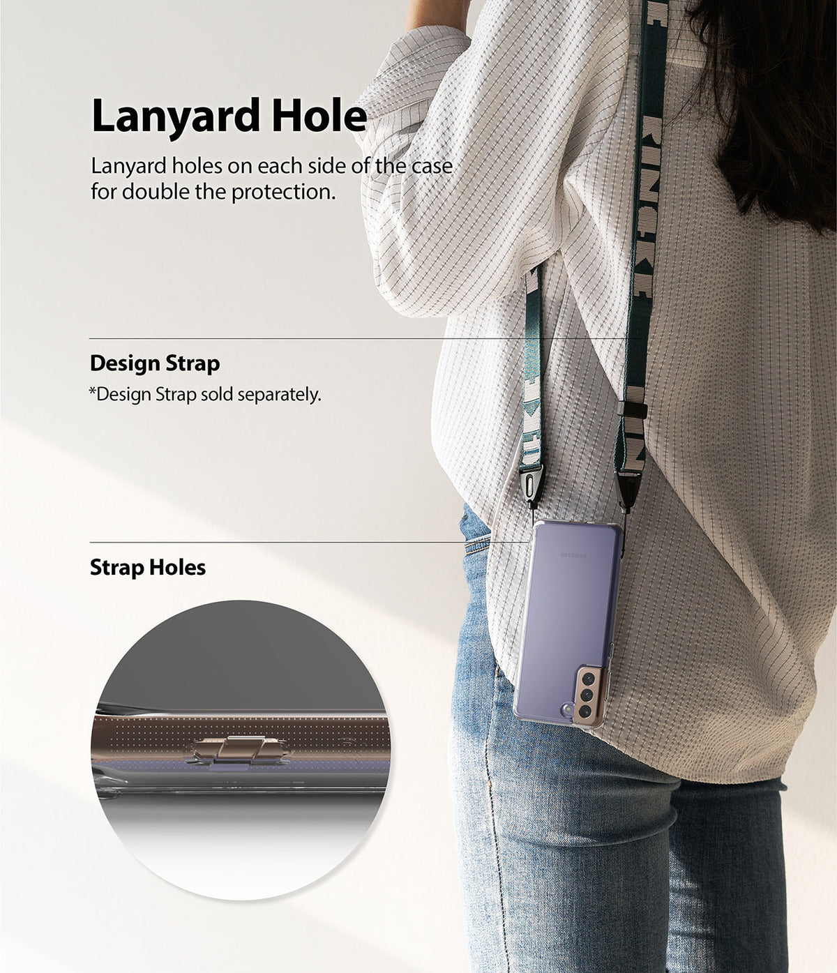 Galaxy S21 Plus Case | Fusion - Person wearing a phone case with a lanyard strap, highlighting the integrated side strap holes.