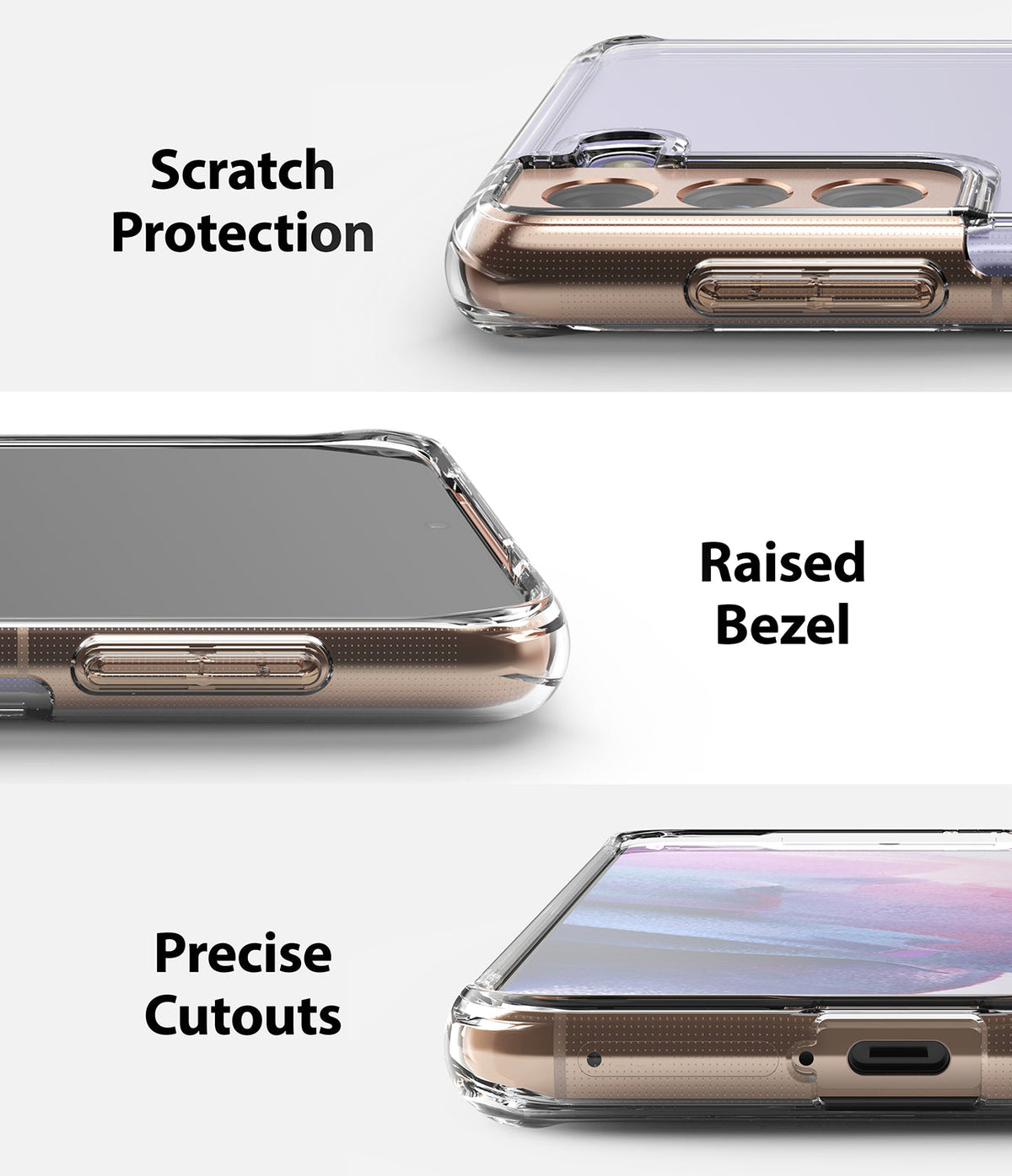Galaxy S21 Plus Case | Fusion - Close-ups showing scratch protection, raised bezels, and precise port cutouts on a clear case.