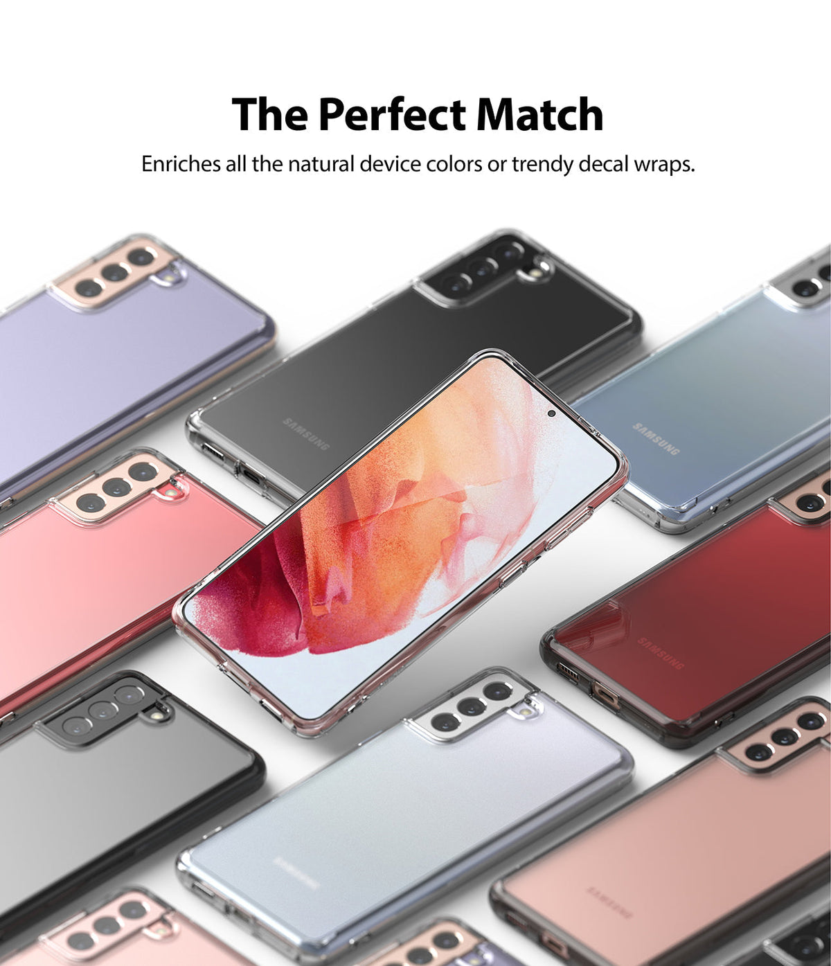 Galaxy S21 Plus Case | Fusion - Multiple Samsung Galaxy S21 Plus phones in clear cases displayed in various colors.