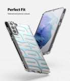Galaxy S21 Plus Case | Fusion Design - Clear phone case with blue graphic pattern shown from front and back angles.
