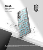 Galaxy S21 Plus Case | Fusion Design - Clear phone case with blue geometric pattern, military-grade protection badge, and debris.