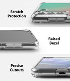 Galaxy S21 Plus Case | Fusion Design - Three close-up views of a clear phone case highlighting scratch protection, raised bezels, and precise port cutouts.
