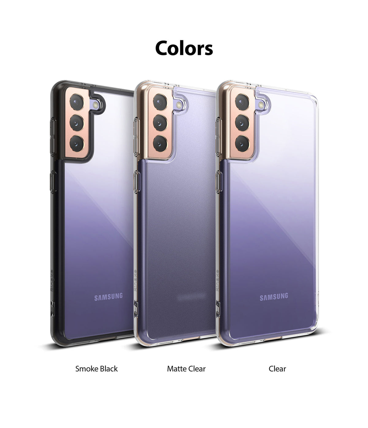 Galaxy S21 Plus Case | Fusion - Three Galaxy S21 Plus phones in Smoke Black, Matte Clear, and Clear protective cases.