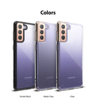 Galaxy S21 Plus Case | Fusion - Three Galaxy S21 Plus phones in Smoke Black, Matte Clear, and Clear cases against a white background.