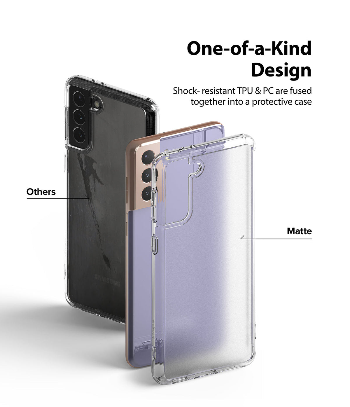 Galaxy S21 Plus Case | Fusion - Comparison of a clear matte phone case against a standard clear case on a smartphone.