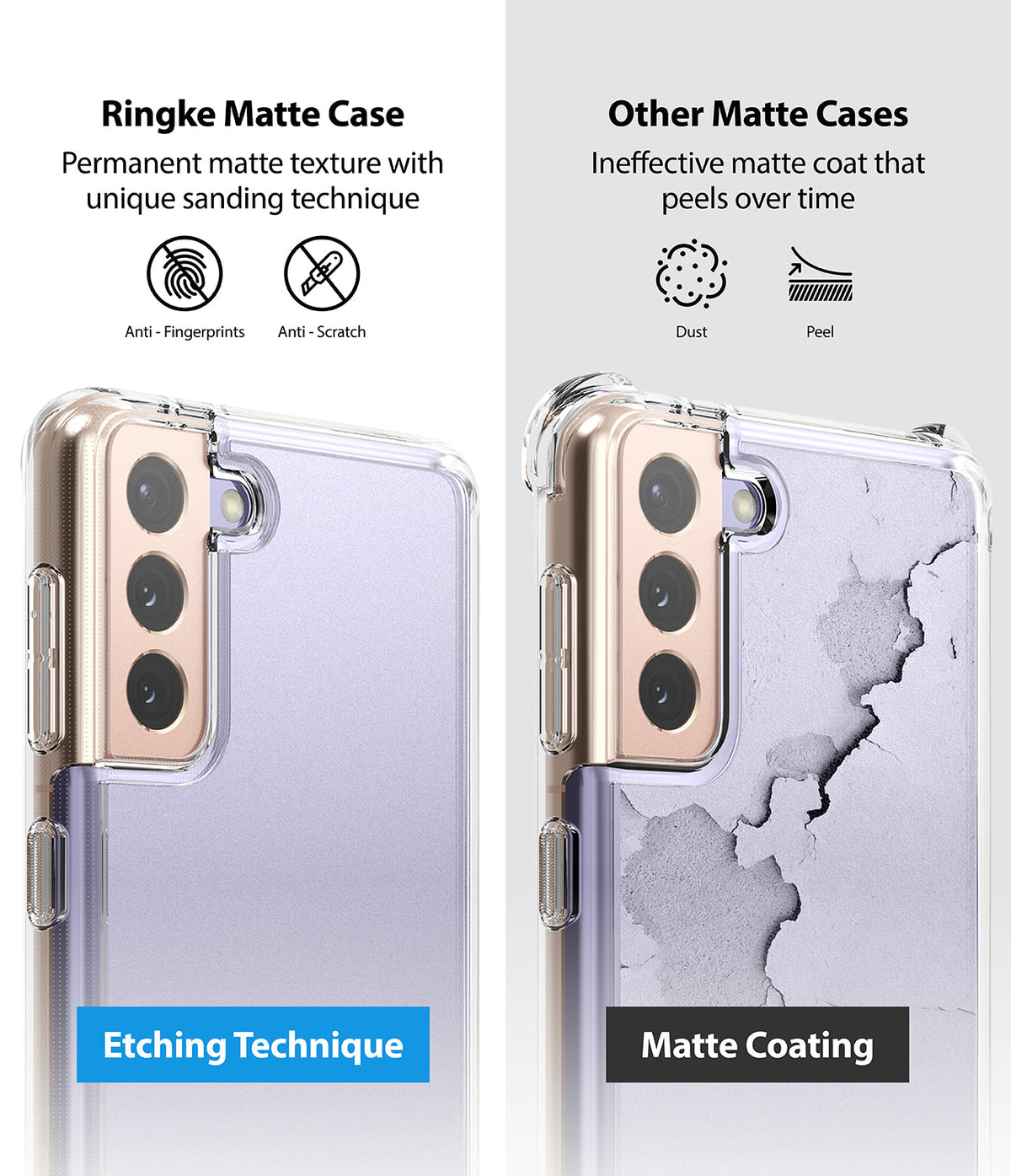 Galaxy S21 Plus Case | Fusion - Comparison of a durable etched matte case versus a peeling coated case.