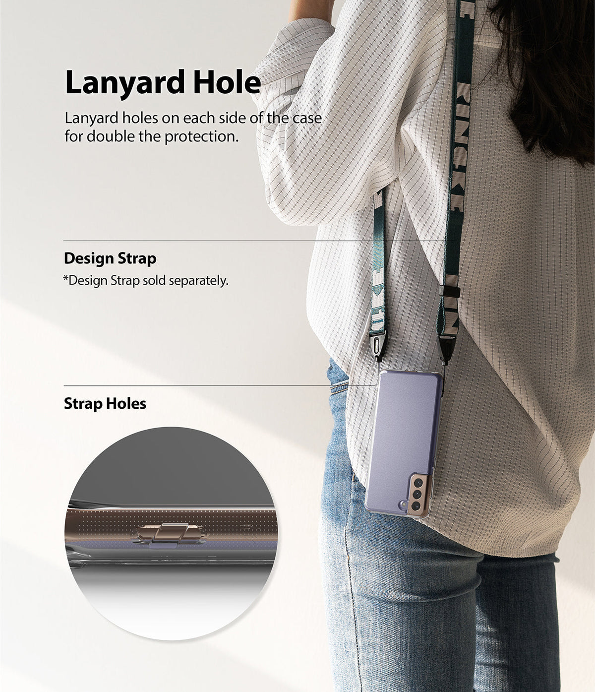 Galaxy S21 Plus Case | Fusion - A person wearing a phone case with a lanyard, highlighting the integrated strap holes.