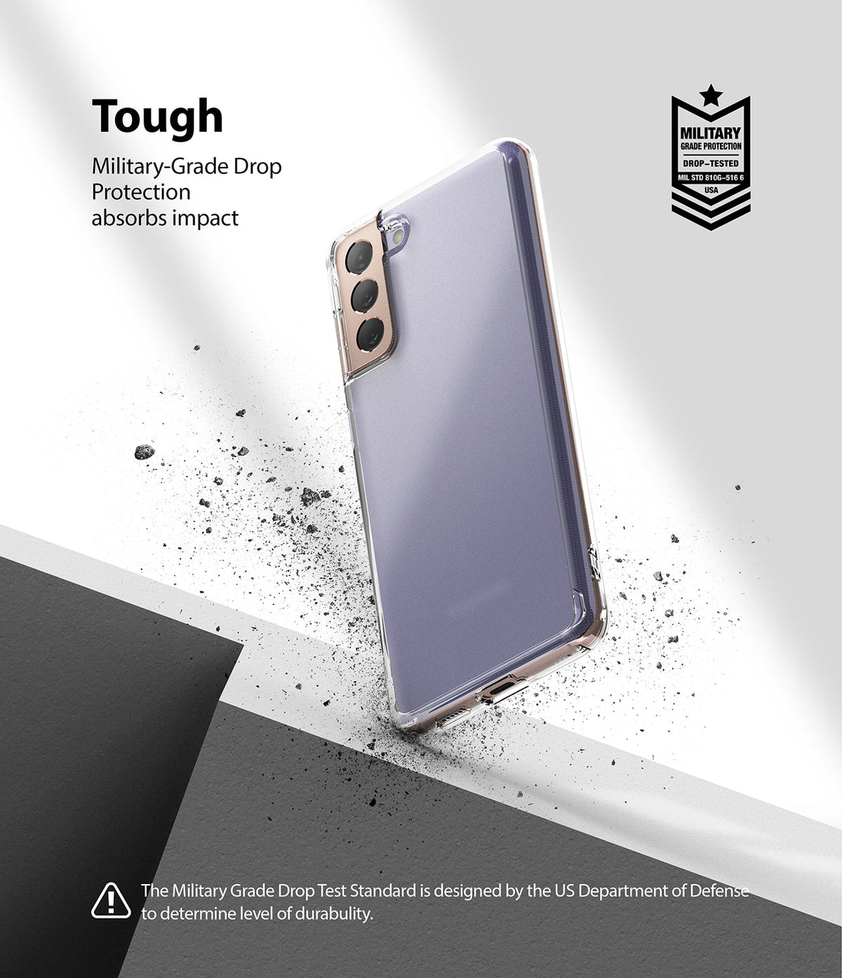 Galaxy S21 Plus Case | Fusion - Clear phone case on a textured surface with military-grade drop protection badge.