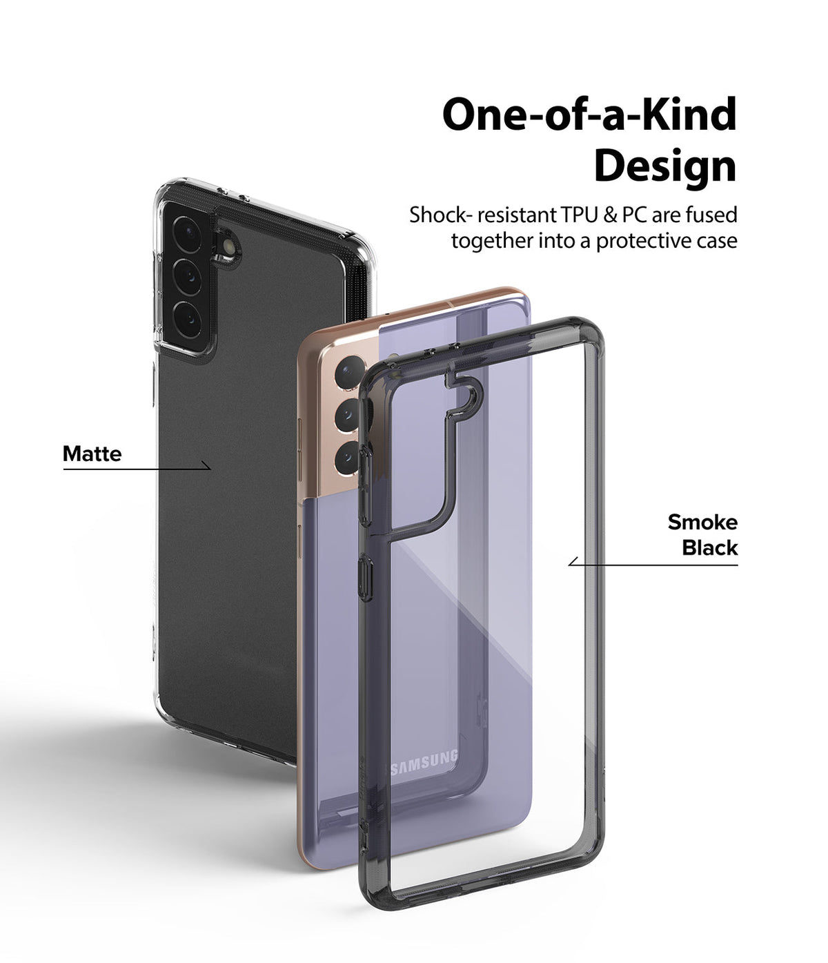 Galaxy S21 Plus Case | Fusion - Exploded view of a Galaxy S21 Plus phone with a matte and smoke black protective case.