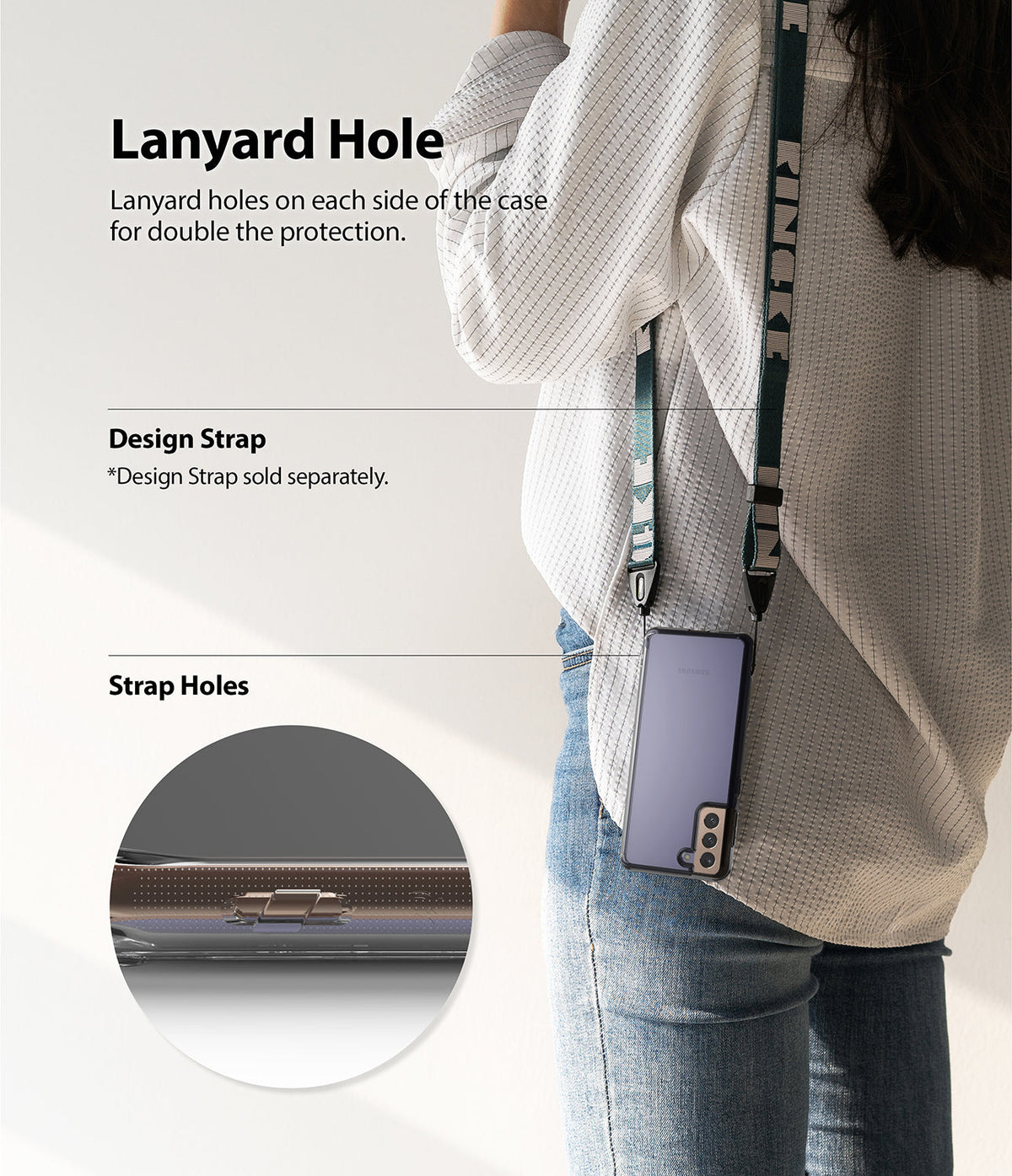 Galaxy S21 Plus Case | Fusion - Person wearing a phone case with a lanyard strap, highlighting the integrated strap holes.