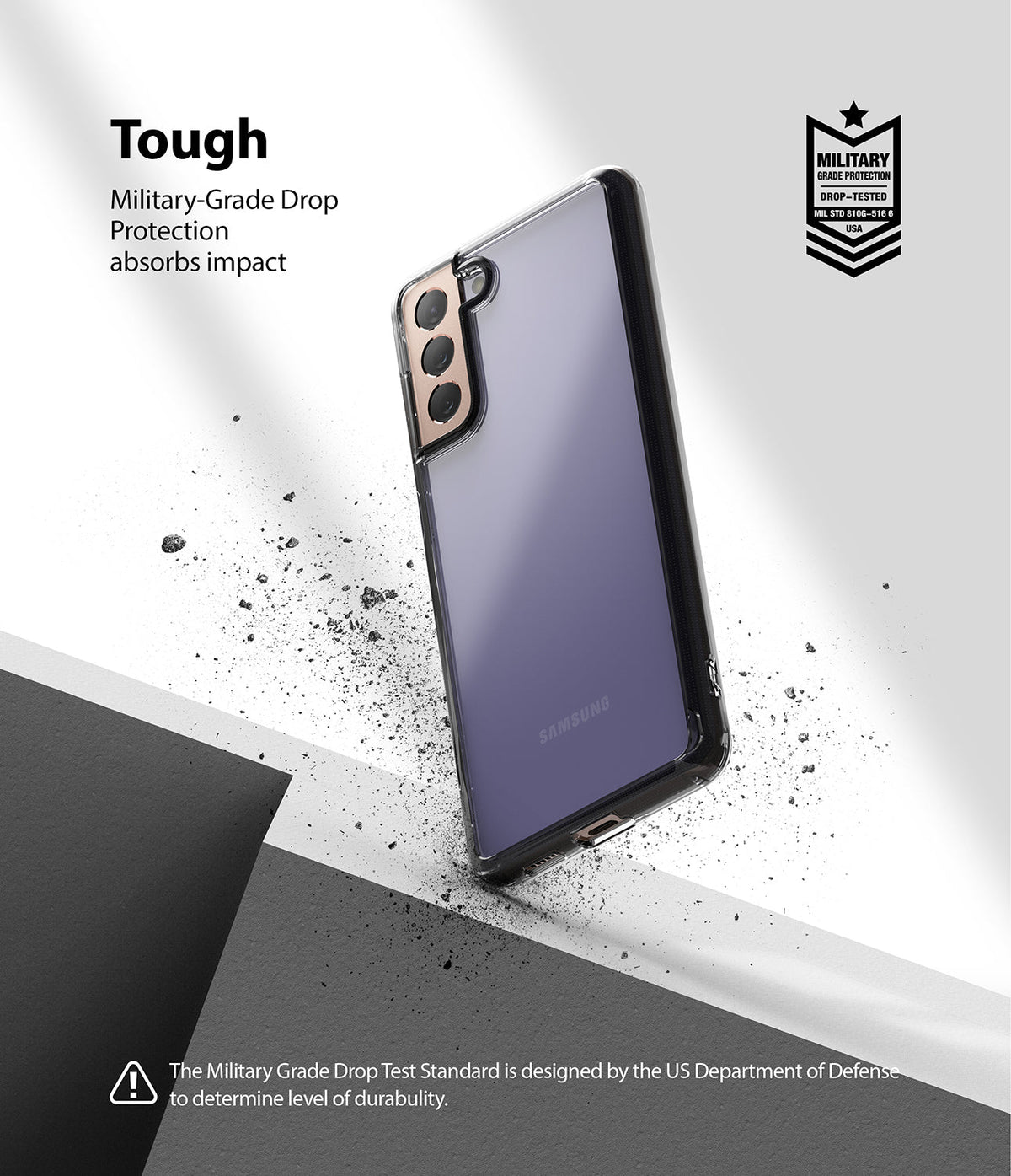 Galaxy S21 Plus Case | Fusion - Clear phone case with black frame floating above debris, highlighting military-grade drop protection.