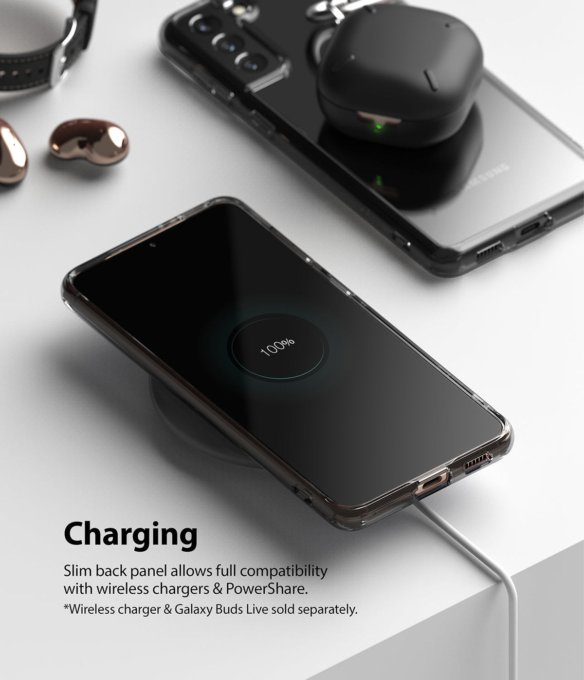 Galaxy S21 Plus Case | Fusion - Smartphone in clear case wirelessly charging with earbuds on its back panel.