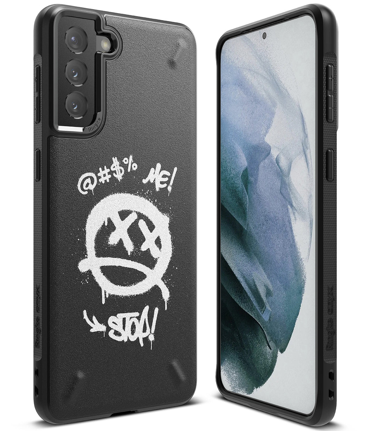 Galaxy S21 Plus Case | Onyx Design - Black phone case with white graffiti-style dead-face icon and text on the back.