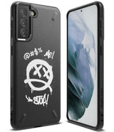 Galaxy S21 Plus Case | Onyx Design - Black phone case with white graffiti-style dead-face icon and text on the back.