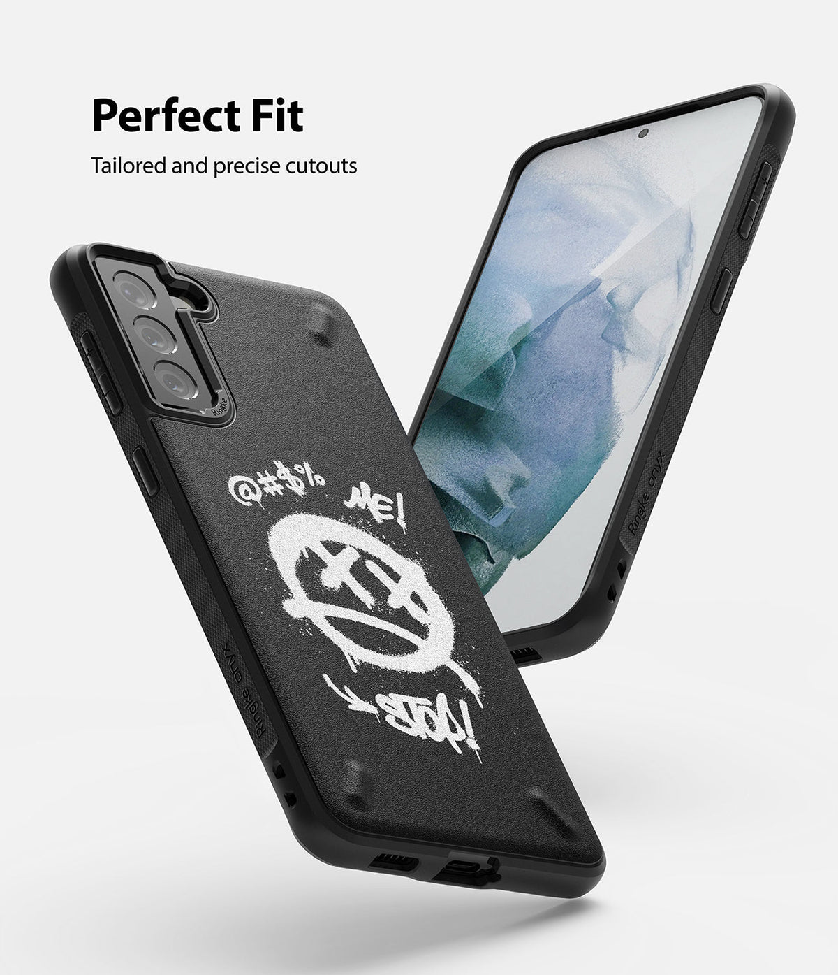 Galaxy S21 Plus Case | Onyx Design - Black phone case with white graffiti art showing a smiley face and text.