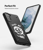 Galaxy S21 Plus Case | Onyx Design - Black phone case with white graffiti art showing a smiley face and text.