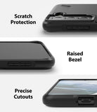 Galaxy S21 Plus Case | Onyx Design - Three close-up views of a black phone case highlighting camera protection, raised bezels, and precise port cutouts.