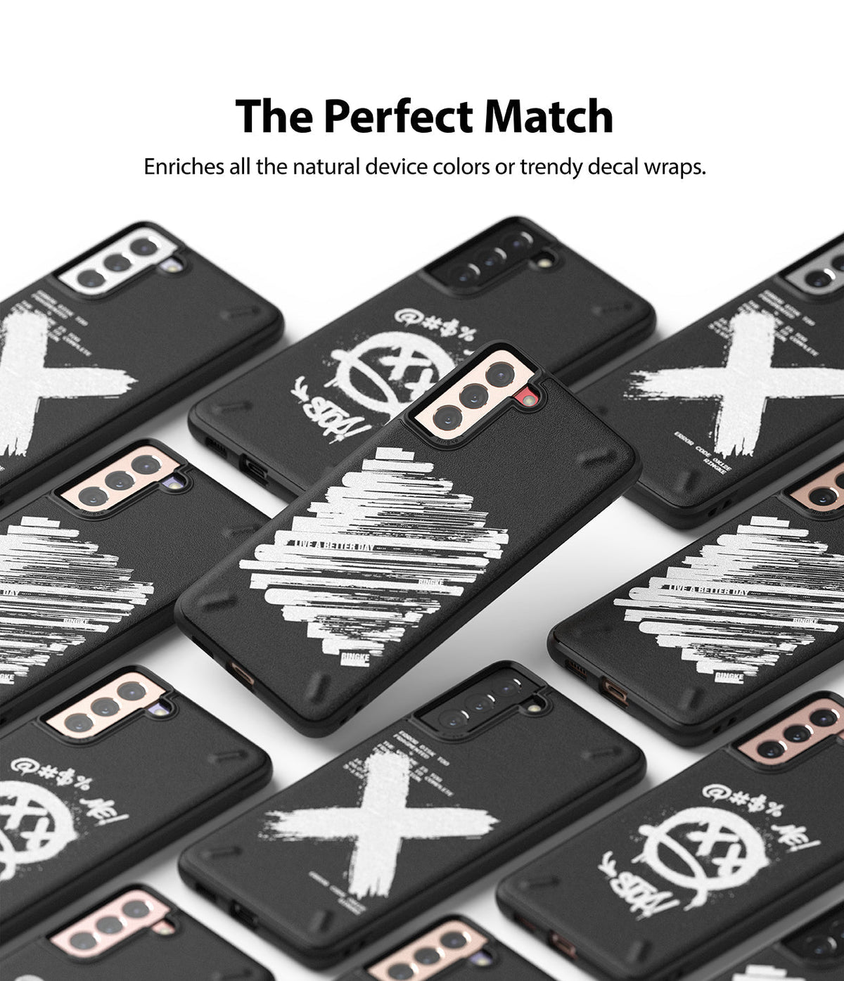 Galaxy S21 Plus Case | Onyx Design - Multiple black phone cases with white graffiti-style graphics arranged on a white background.