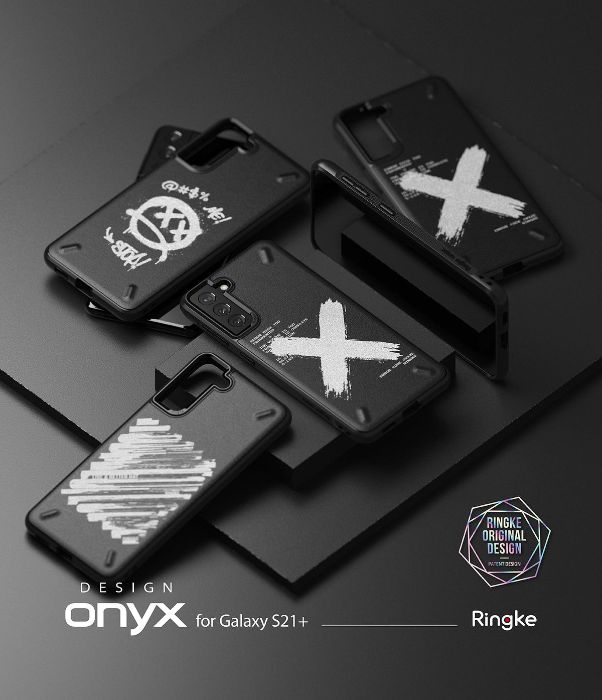 Galaxy S21 Plus Case | Onyx Design - Multiple black phone cases with white graphic prints arranged on a dark surface.