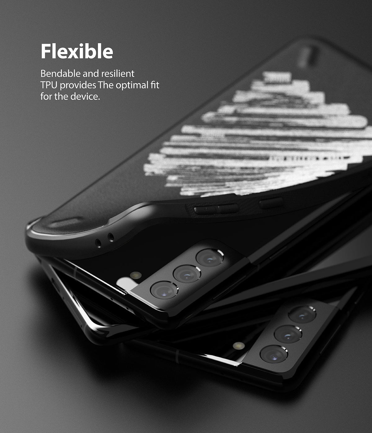 Galaxy S21 Plus Case | Onyx Design - Flexible black TPU phone case being peeled off a Galaxy S21 Plus smartphone.