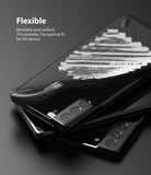 Galaxy S21 Plus Case | Onyx Design - Flexible black TPU phone case being peeled off a Galaxy S21 Plus smartphone.