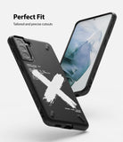 Galaxy S21 Plus Case | Onyx Design - Black phone case with white X graphic and text, showing precise cutouts and fit.