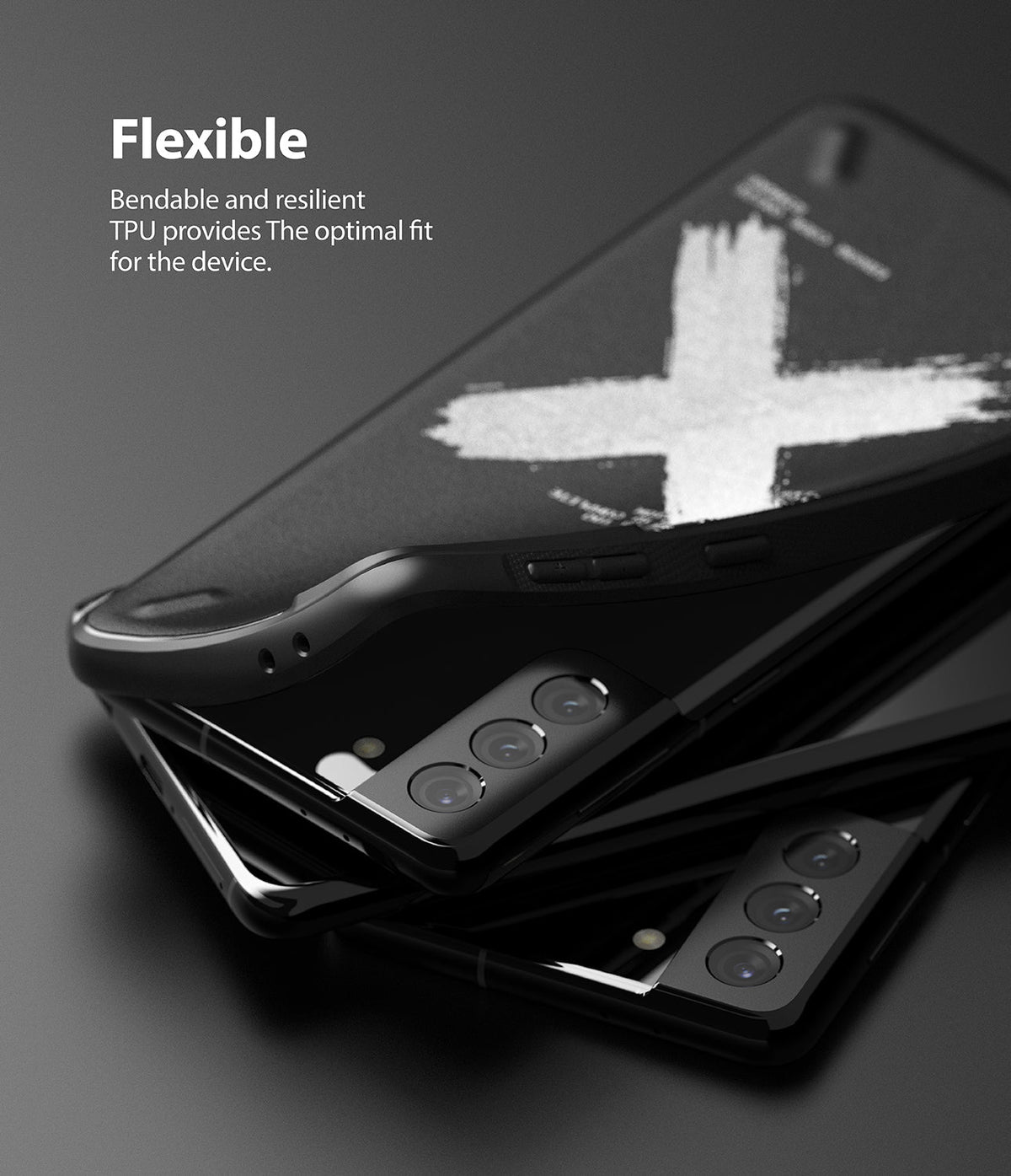 Galaxy S21 Plus Case | Onyx Design - A flexible black TPU phone case with a white cross graphic being pulled off a phone.